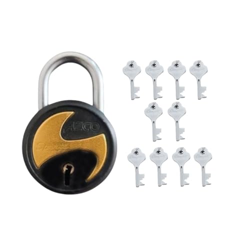 Image of Azco Round Locks 65mm 10 Keys, Steel 8 Levers Double Locking, Lock and Key for Home Door Shutter Shop Office Main Gate, Gold Black Finish, Made in India (Pack of 1)