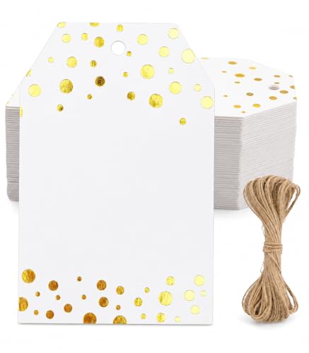 G2PLUS Gold Foil Dots Gift Tags 50 Pcs White Paper HangTags with String Metallic Gold Dots Present Tags Personalized Blank Labels for Wedding Birthday Party Favors (3.342.16)