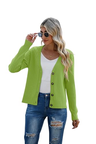 Image of Women's Green Classic Dressy Stirped Cardigan with V Neck Button Sweaters Crew Neck Lady Lightweight Jacket 2024 Fall Winter Size S