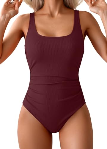 Image of Aidonger One Piece Swimsuit for Women Ribbed Tummy Control Bathing Suit Ruched Swim Suit Slimming Swimwear
