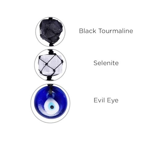Image of Selenite and Black Tourmaline Evil Eye Hanging for Car Dashboard Decoration | Nazar battu for Home Entrance | Aesthetic Home Decor for Positive Energy & Protection