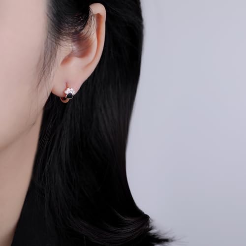 SLUYNZ Sterling Silver CZ Paw Earrings Hoop for Women Teens Cat Dog Paw Print Earrings Small Paw Hoop Earrings Huggie Black Heart Hoop Earrings Love3