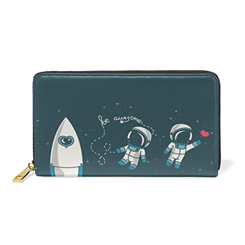 Valentine's Day Moon, Stars, Astronaut in Space and Rocket, Universe Leather Long Wallet Organizer with Zipper Purse Clutch Bag for Women Men