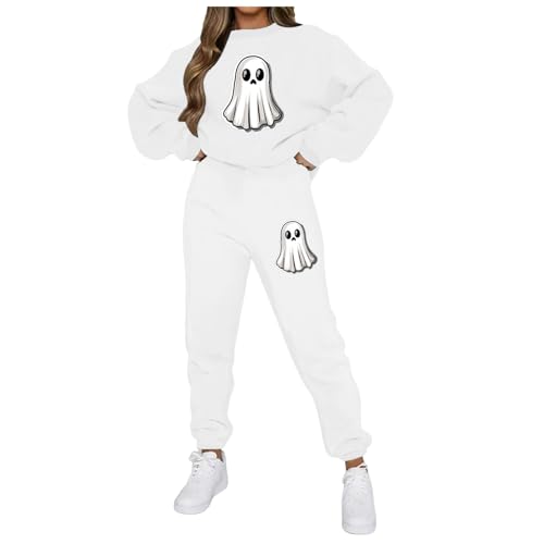 Traje de Jogging para mujer, sudadera con capucha, pantalones de chándal de gran tamaño con bolsillos, conjunto de 2 piezas, disfraz impreso latido de corazón, Halloween, letra impresa, D-blanco., S