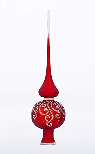Christmas Tree Topper – Unique Collection of Blown Glass Xmas Tree Finials – Mouth-Blown, Hand-Painted Treetop Glass Season Decorations, Classic Christmas Tree Ornaments, 10 inch,Snowy Pattern Red