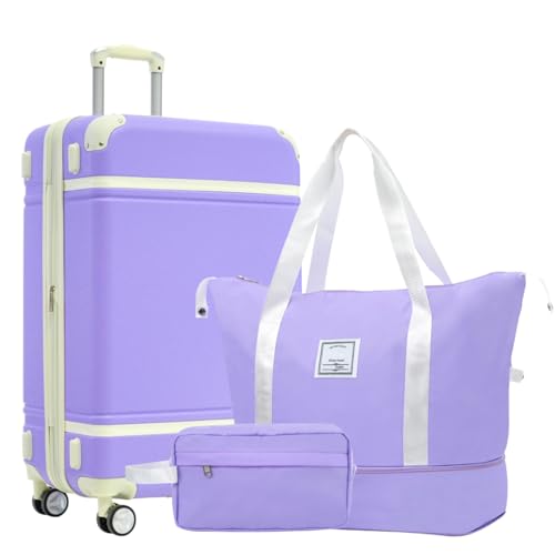 24 Inch Hardshell Luggage Set with Duffel Bag, Lightweight Suitcase with TSA Lock, Expandable Spinner Wheels, Vintage Travel Luggage (Purple + ABS)