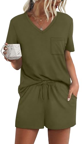 Image of RUBZOOF Women's Short Sleeve Pajama Sets with Pockets Casual V Neck 2 Piece Lounge Sets S-3XL