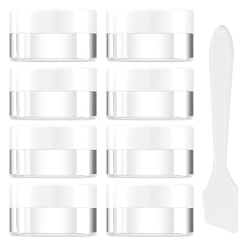 LONZIKP 8 Pezzi Barattoli Trasparenti Vuoti, Mini Vasetti Crema con Spatola, Set Contenitori Vuoti per Viaggio, per Lozioni, Creme, Candele Mini, Cosmetici (5ml) (Coperchio Bianco)