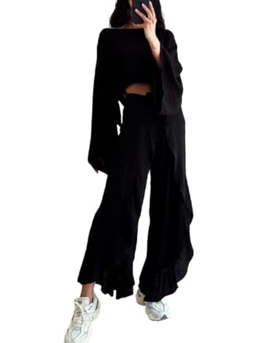 VCM Boho Set Bikini Cover Up Loose Crop Top Wide Leg Pants with High Slit Casual Tropical Vacation Outfits for Women