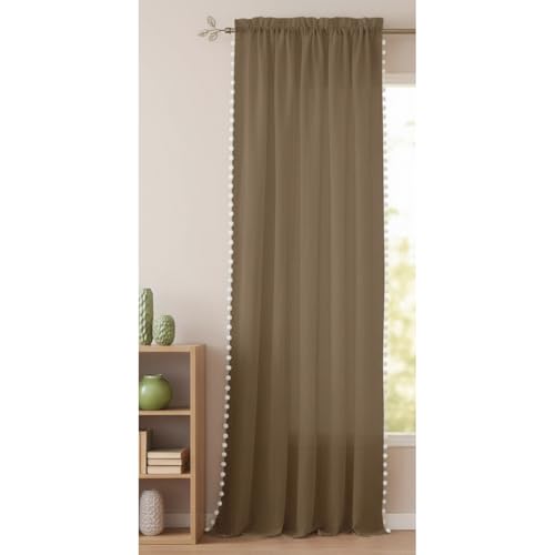 Image of HOMEMONDE Sheer 8 Feet Curtains with Decorative Side Border Pompom Curtain for Long Door, Linen Textured Light Filtering, Rod Pocket - 1 Piece - (96 Inch, Dark Brown)