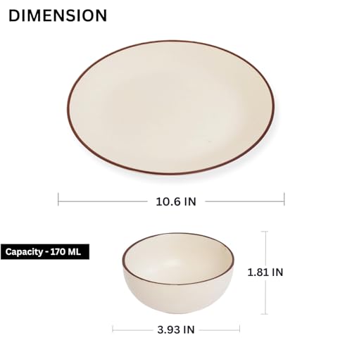 Image of Freakway Hand Painted Ceramic Dinner Set of 4 Pcs | 2 Stoneware Dinner Plates (10.6 Inch) and 2 Bowl /Katori (3.93 Inch and (170 Ml) | Microwave & Dishwasher Safe - Ivory White