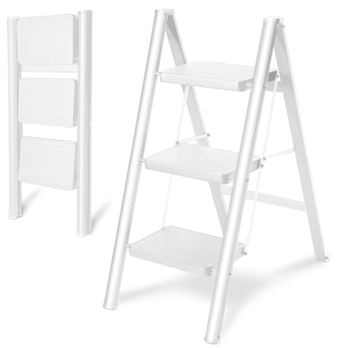 Double Elite Step Ladder 3 Step Folding, Sturdy 330 Lbs Load Step Stool for Adults, Safer Full Steel Kitchen Closet Ladder for Home, Multi-use Small Step Stool Ladder with Anti-Slip Wide Pedals, White