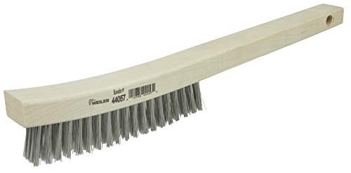 Image of Weiler 44057 0.012 inch Wire Size, 6 inch Brush Length, 14 inch X 1-1 /8 inch Block Size, 4 X 18 No. Of Rows, 302 Stainless Steel Bristles, Hardwood Block, Curved Handle Scratch Brush, Made in the USA