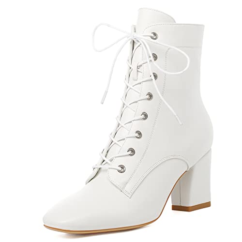 SEIFIN Women's Square Toe Chunky Heels Ankle Boots Block High Heeled Lace Up Short Booties Shoes