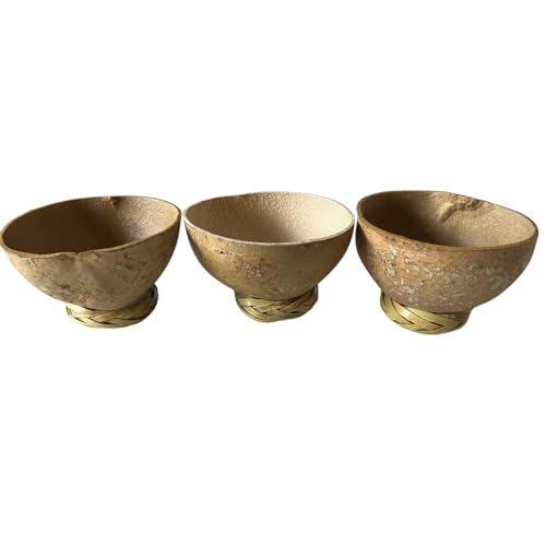 Emporion Mezcal Jicaras Set of 3 Hand-carved Artisan Copitas from Mexico with Natural Fiber Carrizo Base for Mezcal and Tequila (5 Oz), Brown