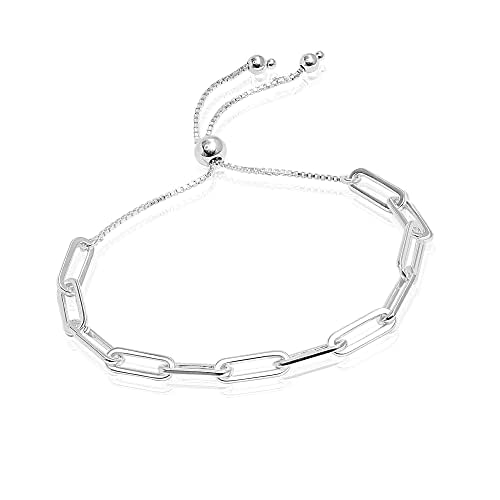 LeCalla Pure 925 Sterling Silver Italian Paperclip Link Chain Bracelets | Gold Over Silver Paper-Clip Link Station Bracelet | Sliding Bolo Bracelet for Women