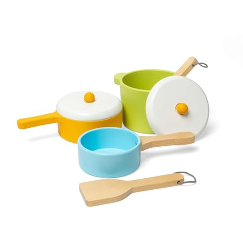 Bigjigs Toys Wooden Pots & Pans - 7 Piece Pretend Playset Fo