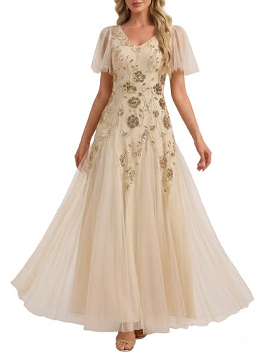 Ever-Pretty Women's V-Neck Sequin Embroidery Formal Dress Ruffle Sleeves High