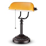 ESCENA Traditional Bankers Lamp, UL Listed, Antique Style Desk Lamp with Amber Glass Shade, Retro Bronze Base, Vintage Library Lamp with Pulling Chain, E26 Base, Table Light for Office, Study Room