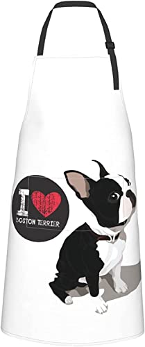 DENSUL Delantales de cocina I Love Boston Terrier, delantal de cocina con bolsillos, delantal impermeable para Chef, delantales ajustables con pechera