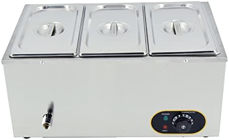 Commercial Bain Marie, 1500W Electric Food Warmer Stainless Steel Steam Table Temperature Control with Covers, Drain Tap, GN 1/3 Containers -150mm x3