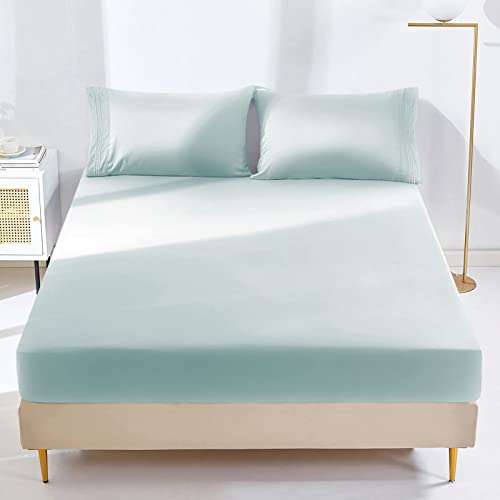 YIYEA Fitted Sheet Only, Premium Double Brushed Microfiber Deep Pocket Fitted Sheet Twin Size, Ultra Soft Fitted Bottom Sheet, Shrinkage, Fade Resistant, Twin, Aqua