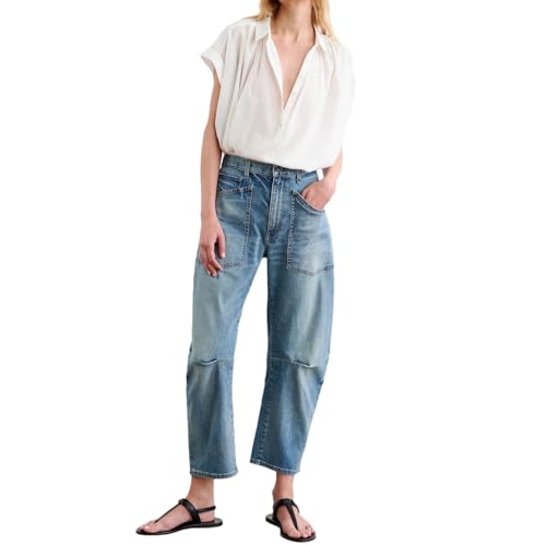 Womens Barrel Jeans Mid Rise Baggy Wide Leg Jeans Casual Stretch Cropped Denim Pants with Pockets3