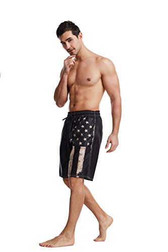 Uoer Dark Black American Flag Mens Beach Pants Swim Trunks Quick Drying Boardshorts With Pockets #TOP2