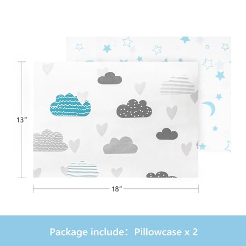 Image of TILLYOU Toddler Pillowcase 2 Pack with Envelope Closure,Silky Soft Microfiber 13 inch x 18 inch Kids Travel Pillow Cases,Blue Clouds & Blue Stars
