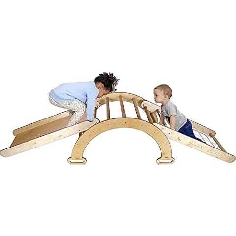 Goodevas Set 3 in 1 Wooden Arch + Climbing Net + Board Slide with ramp - Montessori Play Gym for Toddlers - Kids Indoor Playground, Aged 6 Months to 7 Years Cover