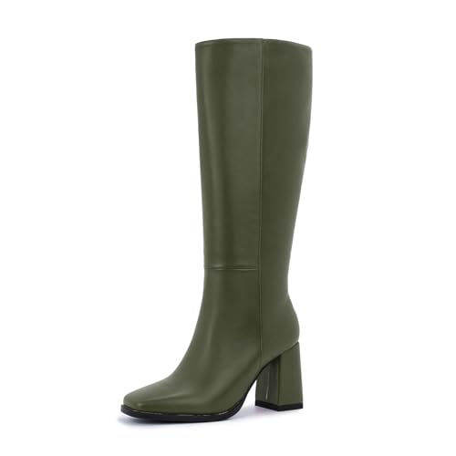 Image of Knee High Boots for Women - Wide Calf Boots with Zipper, Square Toe Tall Leather Boots, Chunky Heel Fashion Long Boots