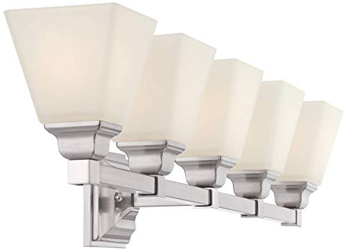 Image of Mencino-Opal 35 1 /4 inch Satin Nickel and Glass Bath Wall Mount 5-Light Fixture | Silver Metal Hardwired Wide Etched White Shade for Bathroom Vanity Mirror House Home Room Decor