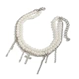 Kalttoy Tobilleras con colgante de cruces de diamantes de imitación y borlas para mujer, tobilleras con cuentas y perlas, tobilleras decorativas para jeans, verano, playa, joyería para pies