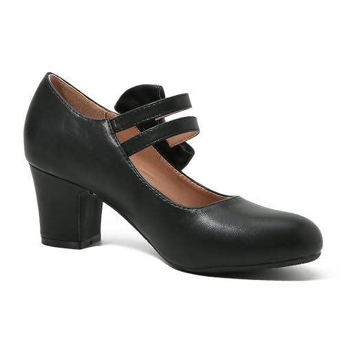 Enelauge Women's Mary Jane Heels with Bow Retro Closed Round Toe Pumps Sweet Ankle Strap Low Block Heels Chic Bowtie Vintage Dress Wedding Party Office Daily Shoes3