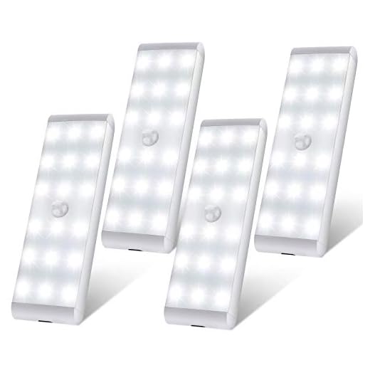 LED Closet Light, 18-LED Dimmable Motion Sensor Under Cabinet Light Rechargeable Battery Wireless Stick on Anywhere Dimmer Night Light Bar Safe Lights for Wardrobe Stairs Bedroom Hallway (4 Packs)