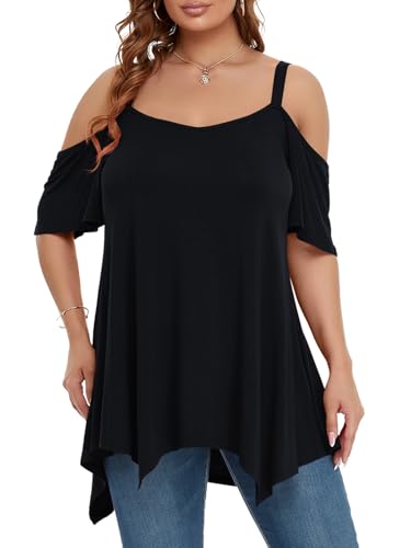 Image of LARACE Cold Shoulder Tops for Womens Summer Clothes Spaghetti Strape Tunic Oversized Shirts Asymmetrical Plus Size Blouse