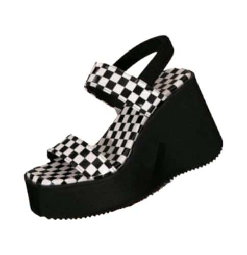 Women's Checkered Pattern Platform Heels Sandals Trendy Slip on Wedge Sandals Chic All-match Shoes for Daily Wear Casual Walking Slides No Slip Thick Sole with Arch Support Summer Party Vacation