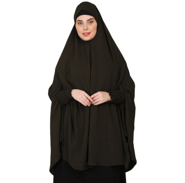 Image of NAZNEEN Women's Full Coverage Khimar Hijab with Sleeves and Under Cap |Solid Pattern Cotton Set for Hajj, Umrah, and Prayer| Comfortable One-Size Head CoveR