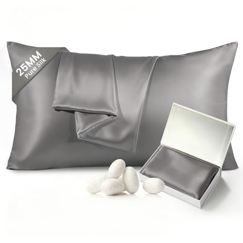 Image of THXSILK 100% Pure Mulberry Silk Pillowcase for Hair and Skin, 25 Momme 6A+ Grade Pure Silk Pillow Case Standard Size, Real Silk Pillowcase with Concealed Zipper(Grey, Standard)