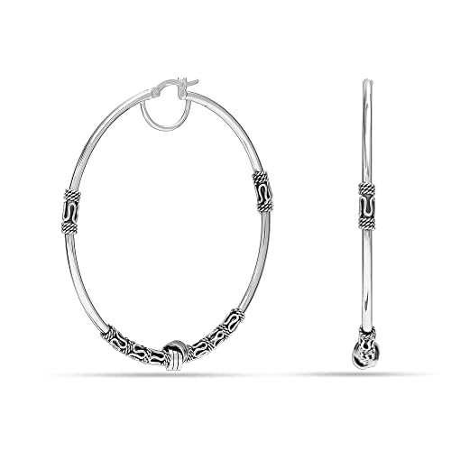 LeCalla 925 Sterling Silver Large Hoop Earrings | Lightweight Antique Bali Hoops | Two-Tone Bohemian Oxidized Balinese Earrings for Women3