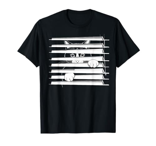 Funny Cat Peeking Up From Blinds Tee Cute Peeking Kitty T-Shirt