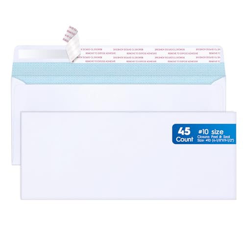 METRONIC #10 Envelopes Security Self Seal, 45 Count No Window Mailing Envelopes, Envelope Letter Size 4⅛ x 9½", White Business Envelope for Confirmation Letters, Bills, Legal and Office use