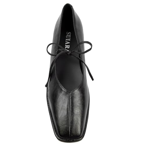 Image of Lace up Ballet Flats Women Square Toe Mary Jane Flats Bow Slip On Comfortable Ballerina Shoes