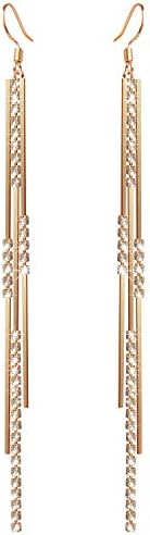 Sterling Silver Fish Hook Long Tassel Chain Bling Crystal Cubic Zirconia Hypoallergeni & Nickel Free Dangle Drop Earrings for Women Girls,Gold