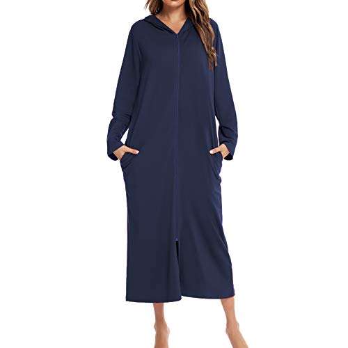 Lu\'s Chic Langer Damen-Bademantel mit Kapuze und Reißverschluss, volle Länge, solide Tasche, Hausmantel, Nachtwäsche, Marineblau, XX-Large Lu\'s Chic Langer Damen-Bademantel mit Kapuze und Reißverschluss, volle Länge, solide Tasche, Hausmantel, Nachtwäsche, Marineblau, XX-Large