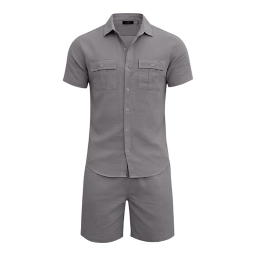 Ensemble estival homme chemise manches courtes et short en coton naturel gris foncé taille L