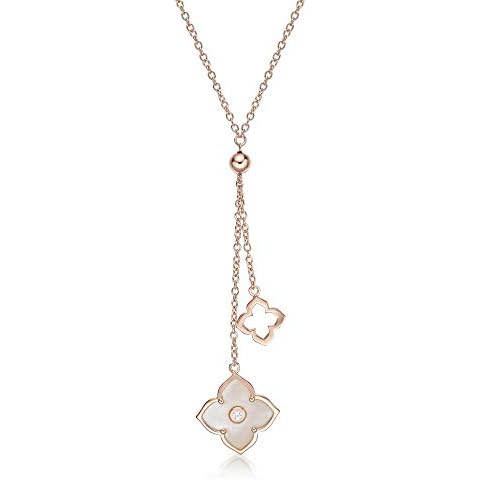 Lavari Jewelers Mother of Pearl and Cubic Zirconia Double Flower Pendant Necklace for Women - Rose Gold Plated 925 Sterling Silver Necklace for Her - 16 to 18 Inch Adjustable Chain - CZ Spring Ring Cover