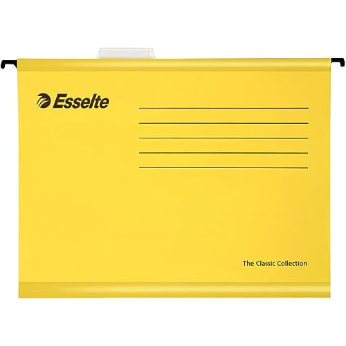 Esselte Carpeta colgante, Tamaño A4, Cartón kraft reciclado, Visor de plástico transparente, Amarillo, Classic, 90314, Caja de 25