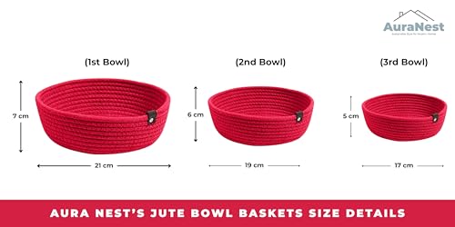 Image of AuraNest Red Jute Rope Storage Baskets Set of 3, Small Woven Cotton Rope Baskets for Organizing, Decorative Nesting Bowls for Bathroom, Nursery, Shelf, Kitchen Storage Bins