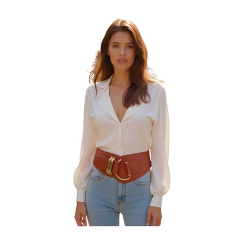 TrendyFashionJewelry Women Fashion Elastic Waistband Belt Hip High Waist Gold Metal Hook Buckle L XL Dark Brown, Red + Gold4